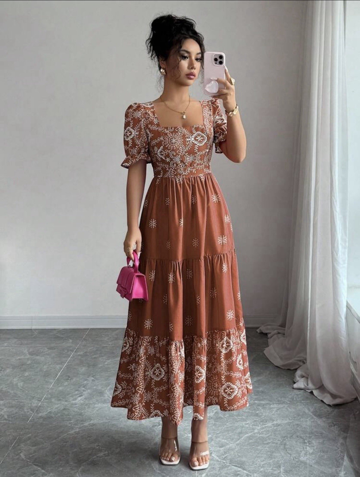 Mujeres Vestido Midi Azul Blanco Cuello Cuadrado Línea A Manga Corta Informal Vestido de Verano