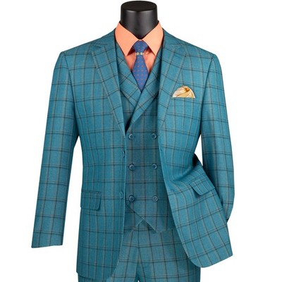 BIG & TALL Men's Teal Blue Windowpane 3 Piece Modern Fit Suit NEW