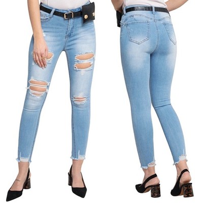 Damen Jeans Skinny Stretch zerrissen Löcher Push Up Denim Gürtel Tasche SOTALA
