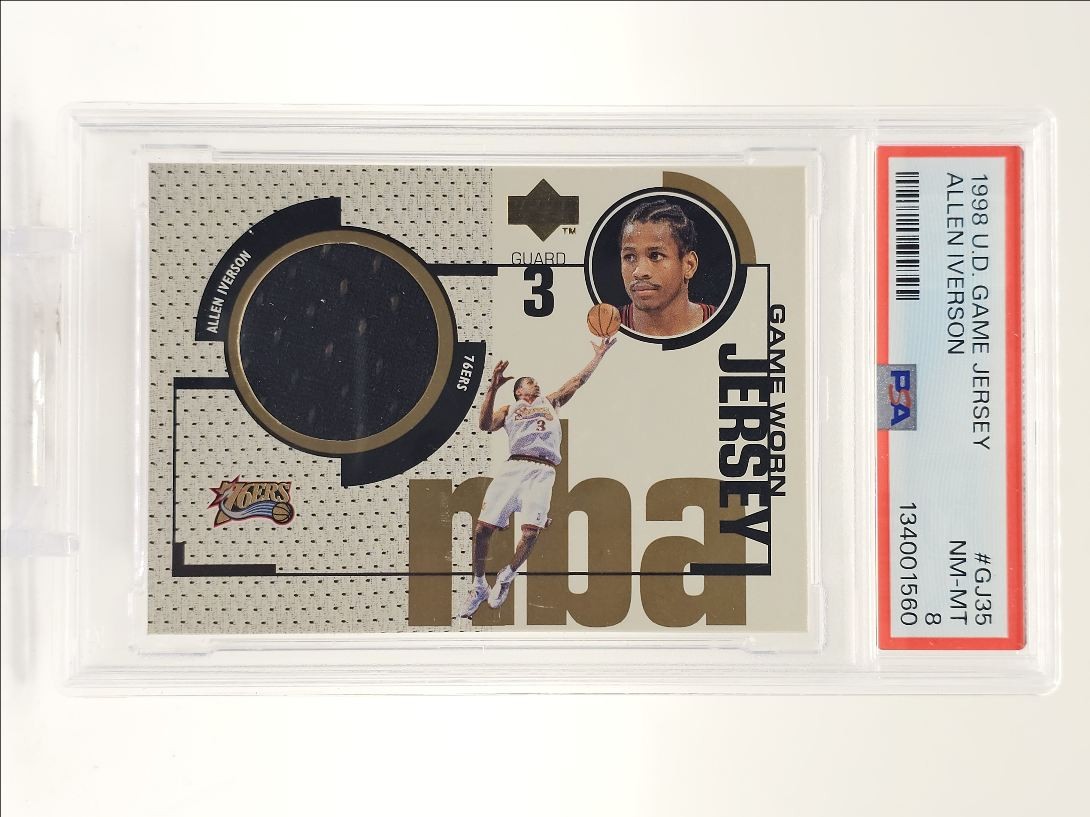 ALLEN IVERSON 1998-99 UPPER DECK GAME JERSEY GAME-WORN PATCH PSA 8 Q5775