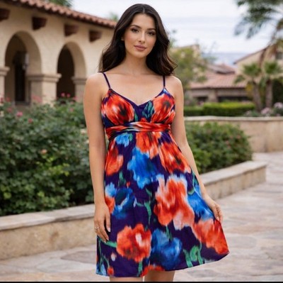 Bebe Women Sz Small 90s Y2K Boho Multicolor Babydoll Mini Dress Silk Blend