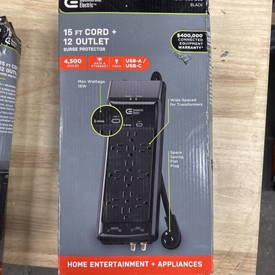 Commercial Electric 15 ft. 12-Outlet Surge Protector Braided Cord   Black