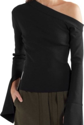 Solace London Black Off-Shoulder Bell Sleeve Knit Stretch Slim Top UK 12
