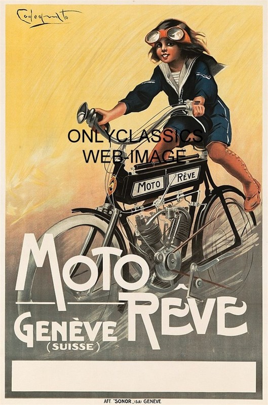 1913 MOTO REVE GENEVE MOTORCYCLE CODOGNATO ART POSTER VINTAGE MOTORIZED BICYCLE