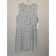Calvin Klein Womens Faux Wrap Ruffle Stripe Dress White Black 14 CD1E3V22