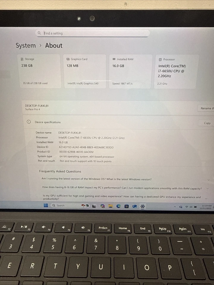 Microsoft Surface Pro 4|1724|Intel i7-6650U|2,2 GHz|16 GB|256 GB|Win11Pro Foto 2 de 4
