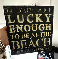 Wood Beach Quote Wall Plaque Sign Letter Print Black/Tan Square Hanging