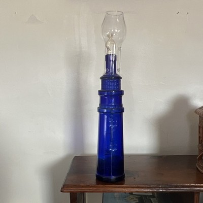 Wine Bottle Cobalt Blue Glass Lighthouse Oil Lamp with White Shell Chimney Wick 