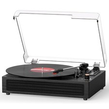 Bluetooth Turntable Vinyl Record Player, 3-Speed Record Player with Built Black
