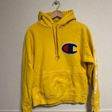 A BATHING APE Champion Yellow Hoodie Pullover L Size Printed Logo