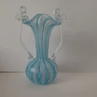 Vtg Murano Venetian Latticino Ribbon Glass Applied double Handles Vase Blue 4.5”