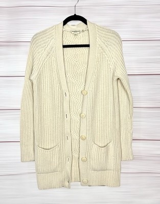 REPEAT Cashmere Rib Knit Long Cardigan Sweater Cream Color V-neck Pockets size S