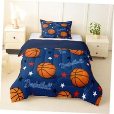 Basketball Comforter Set Ball Game Bedding Set for Kids Toddler Blue Brown