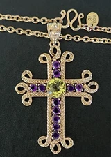 NICKY BUTLER Designer Amethyst Lemon Quartz Large Bronze Cross Pendant Necklace