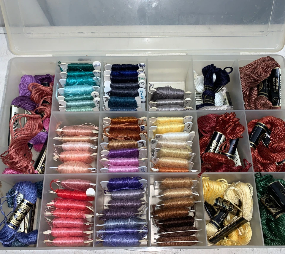 J&PCoats Embroidery Floss 50+/12Brown,10Purple,14Blue 12Pink,6Yellow In Case NOS - Image 3 of 4