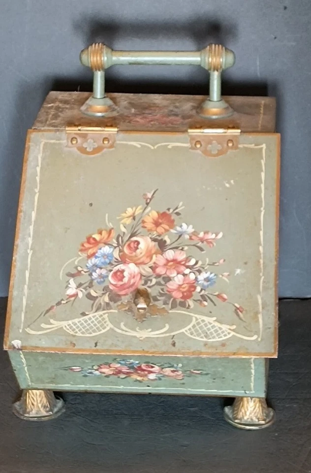ANTIGUO CUBO CAJA LANZADERA CARBÓN TOLE VICTORIANO PINTADO A MANO METAL VERDE Preguerra Foto 3 de 4