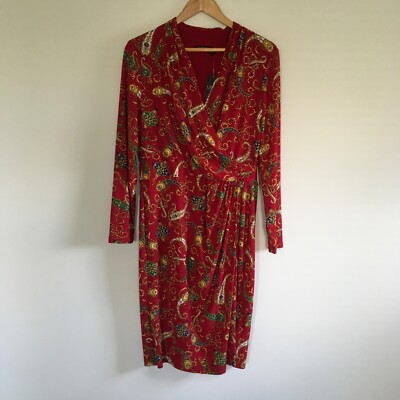 Lauren Ralph Lauren Paisley Pleated Surplice Faux Wrap Jersey Dress 14 Red  Blue