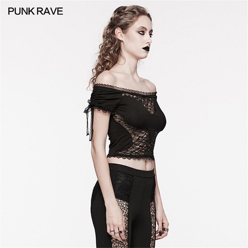 PUNK RAVE Women Lace Punk Gothic Daily Steampunk Black Party Top Sexy t-shirt - Picture 3 of 21