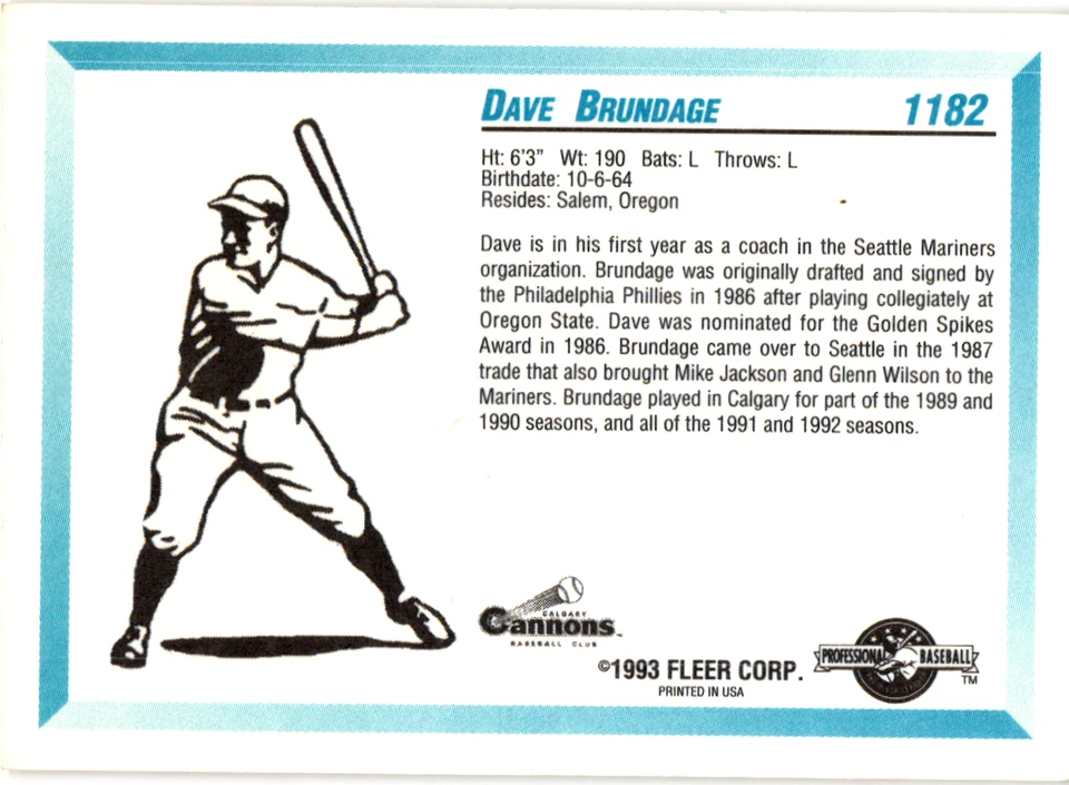 Dave Brundage Signed 1993 Fleer ProCards Minor League #1182 Calgary Cannons - Image 2 of 2