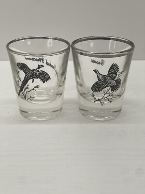 2 Vintage Shot Glass with Silver Rim - Grouse  & Ring Necked Pheasant Bird