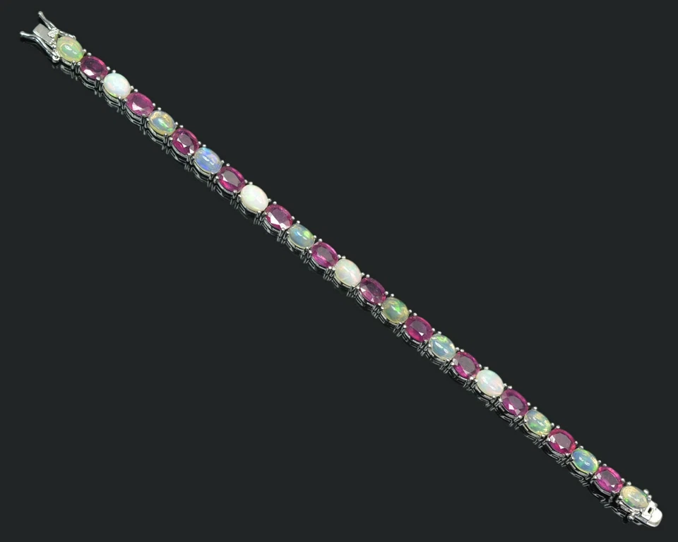 Brazalete de tenis de plata de ley 925 con piedras preciosas de ópalo y rubí etíope natural Foto 4 de 4