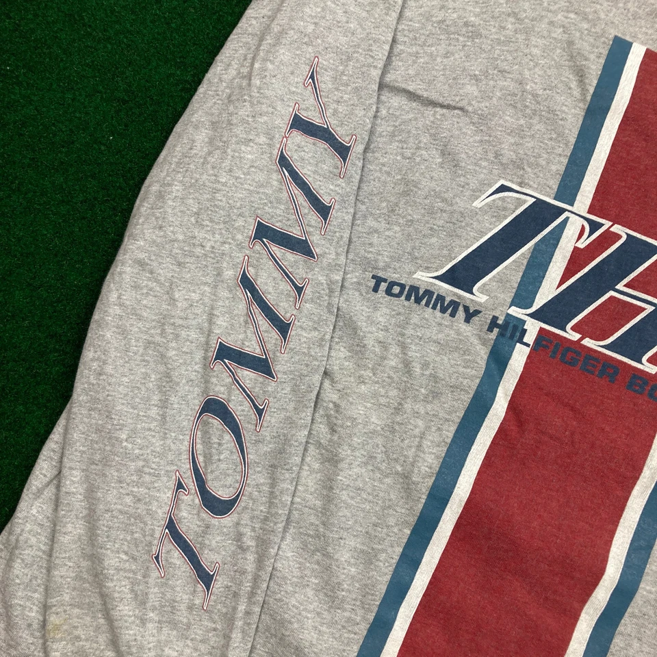 Camisa de deporte de mesa Tommy Hilfiger vintage para hombre L gris azul logotipo deletreado años 90 EE. UU. Foto 4 de 4