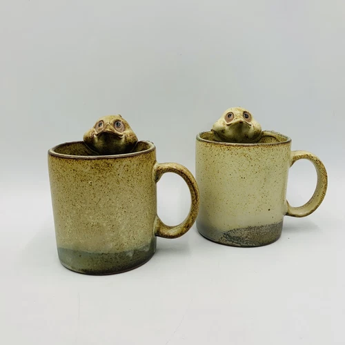 Vtg Pair Pottery Mugs With Odd 3D Bird Frog Folk Art Mythical Tami Bier Style