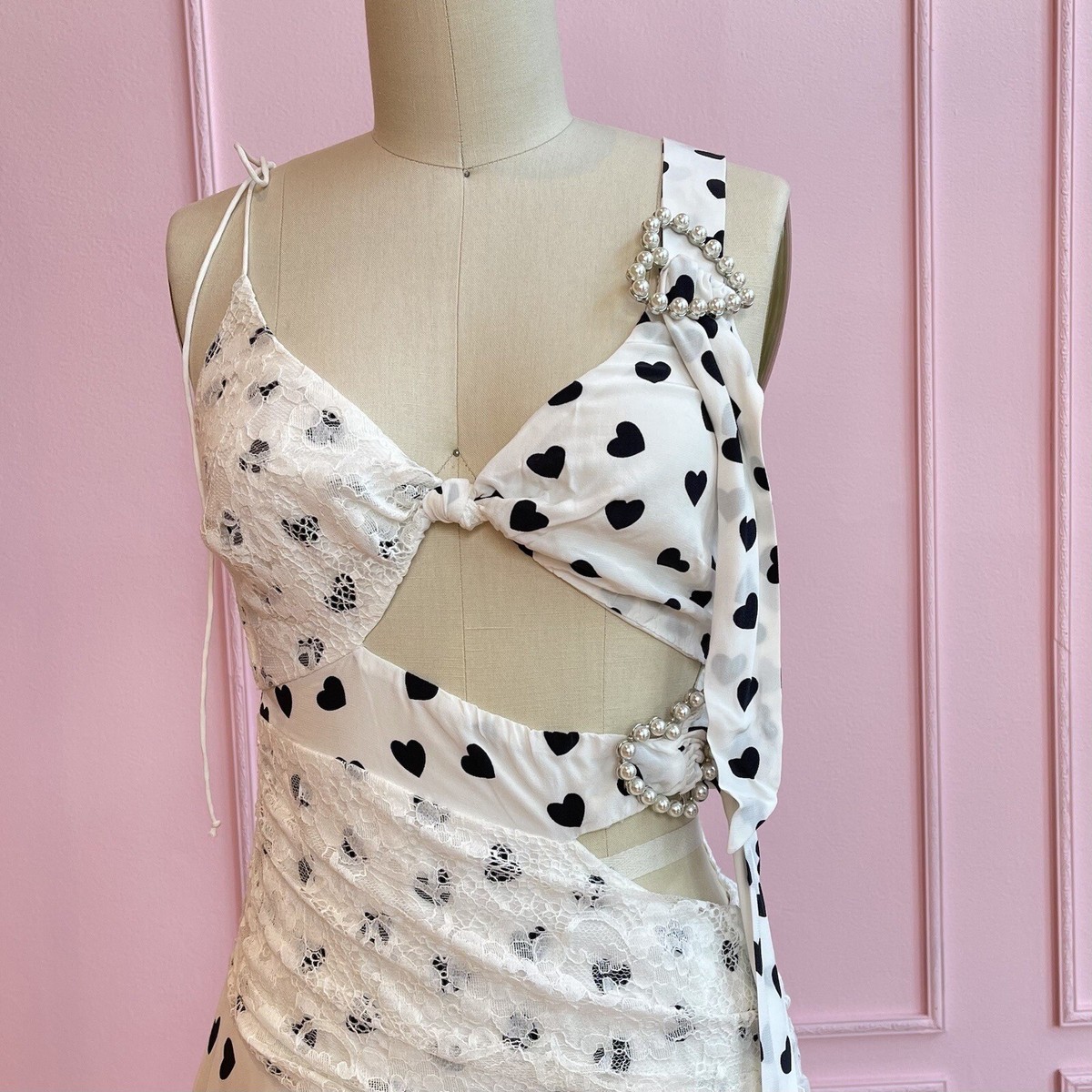 For Love and Lemons June Asymmetrical Dress Size XS White Hearts Cutout Mini