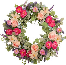 24 Inch Spring Wreath for Front Door, Magenta Pink Rose Floral Wreath with Laven