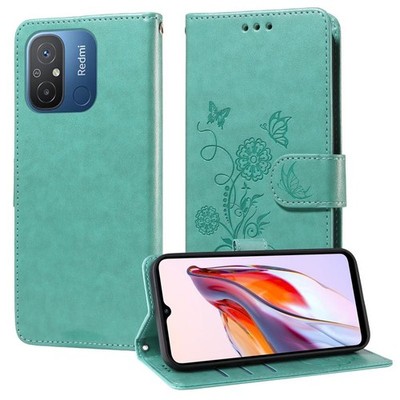 Grüne Ledertasche mit geprägten Schmetterlingen und Blumen für Xiaomi Poco C55 /