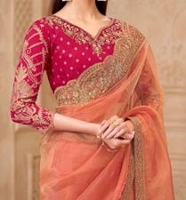 Designer Peach Orange Saree & Pink Embroidered Blouse| Gold Zari & Sequins Work.