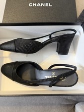 Rare Chanel Suede Kidskin Black Slingback Pumps 38.5 Black Gold