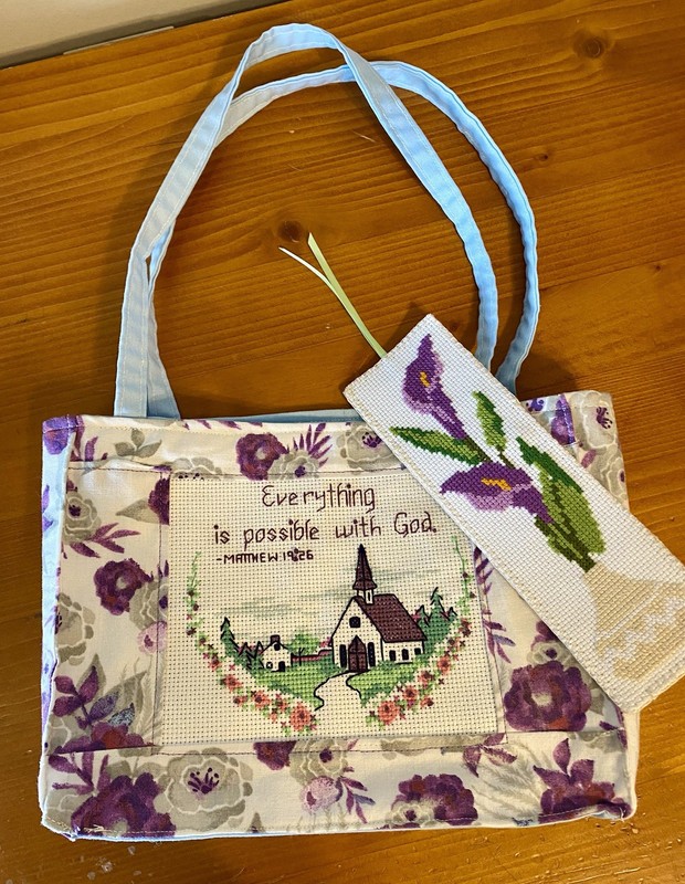 Handmade Cross Stitch Front Boxed Out Project Bag Book Sleeve Handles Bookmark