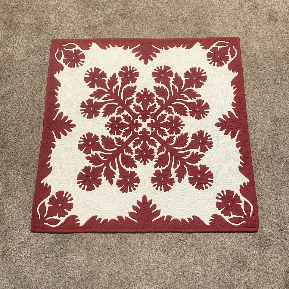Hawaiian Hibiscus Quilt Throw Wall Hanging Baby & 2 Pillows Covers Burgundy  - Image 2 of 4