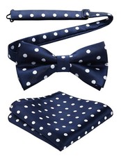 Men's Bowties Navy Blue Bow Tie Polka Dots Pre-Tied Bowtie and Pocket Square ...