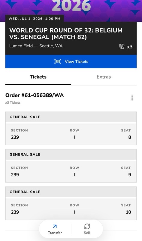 FIFA World Cup R32 Match 82 Belgium vs Senegal Jul 1 2026 1:00 PM Sec 239 Row I