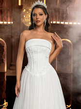 Vestido Blanco de Novia Princesa Corsé Tul Encaje Floral Espalda Cordón y Encaje