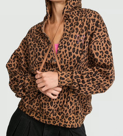 Victoria's Secret Pink Brown Leopard Ivy Fleece Campus Half Zip Hoodie XL NWT