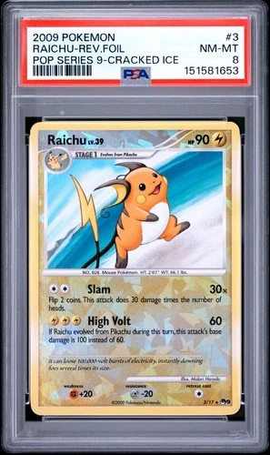 2009 Pokemon Pop Series 9 Cracked Ice 3/17 Raichu Reverse Foil PSA 8 NM Rare tcg