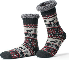 Cozylook Men's Fuzzy Slipper Socks - Non-Slip Grips, Thermal 11-14 Black/Gray