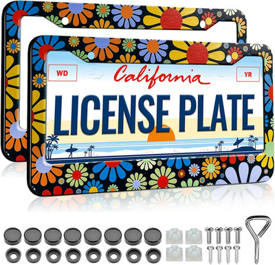 Colorful Hippie Flowers License Plate Frame - 2 Pack Women Car Plate Frames Cute