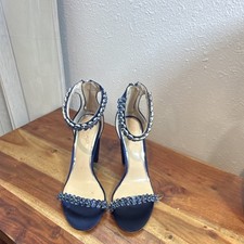 Badgley Mischka Blue Leather Strappy Ankle Strap Rhinestone Open Toe Zip 9