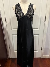 Women Lingerie Satin Nightgown Slip V Neck lace Black Thin & Soft Sz L (52"x19")