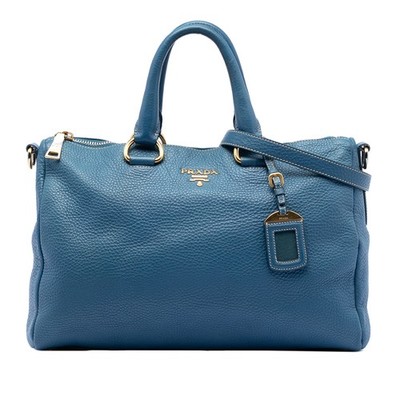 Prada Vitello Daino Zip Top Satchel Pre-Loved Dark Blue
