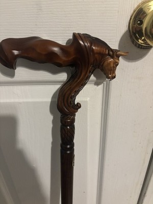 Carved Wood Walking Cane with Horse Head Handle, Brown, Indoor/Outdoor