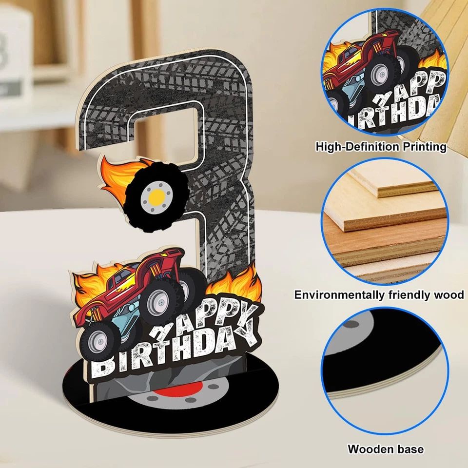 Decoraciones de cumpleaños 3Rd para niños - Juego de centro de mesa de fiesta Monster Truck - Monste Foto 3 de 4