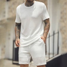 Men Summer Outfit 2-Piece Set Short Sleeve Shirt and Shorts Sweatsuit Set
