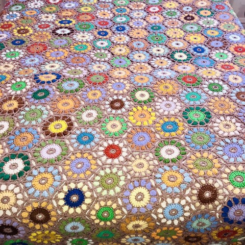 Vintage Grandmothers Flower Garden Crochet Afghan Blanket 74” x 114” Boho Hippy