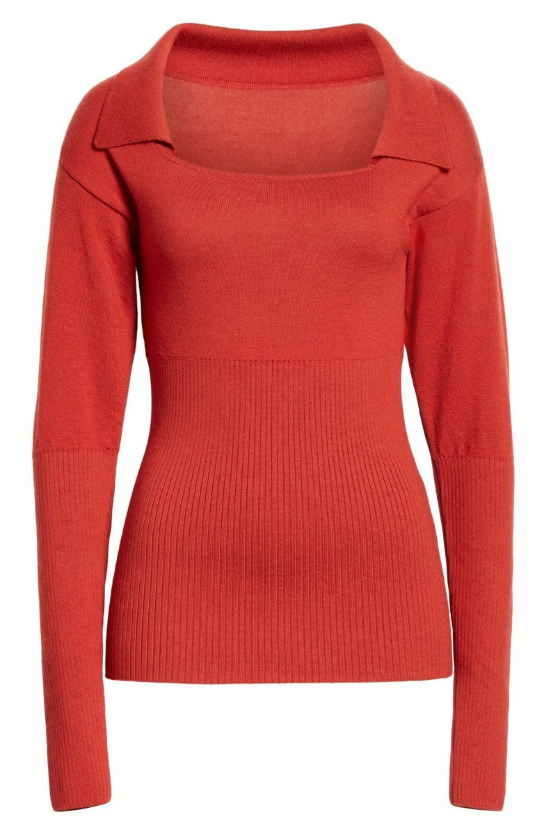 JACQUEMUS Brick Red Square Neck Polo Collar Wool Sweater Pullover