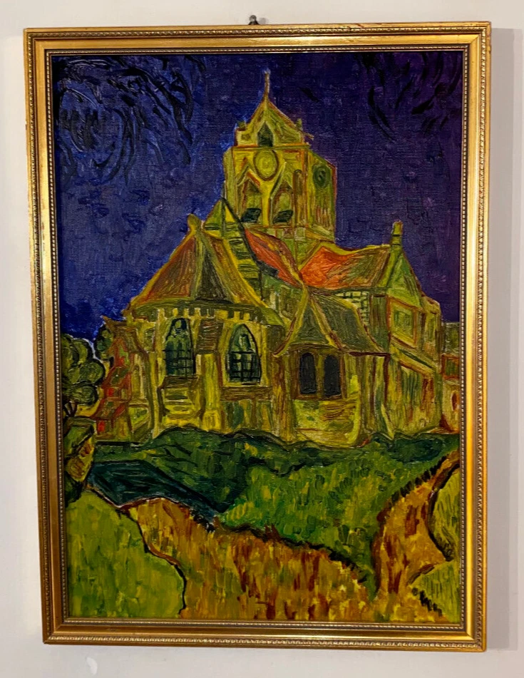 Oil Painting Vintage Original after Vincent van Gogh - Church at Auvers Unsigned - Image 2 of 4